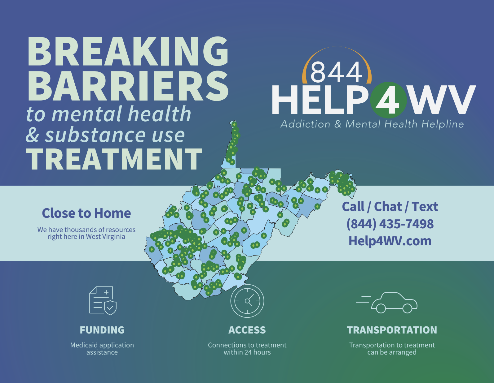 Map of West Virginia with numerous green dots indicating treatment centers, alongside text promoting mental health and substance use treatment, with contact information and icons for funding, access, and transportation.