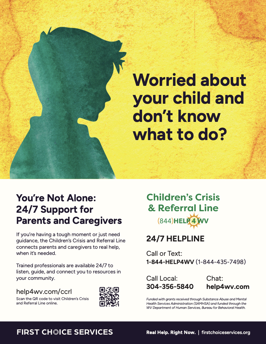 A flyer for Children's Crisis & Referral Line providing resources and contact information. 
