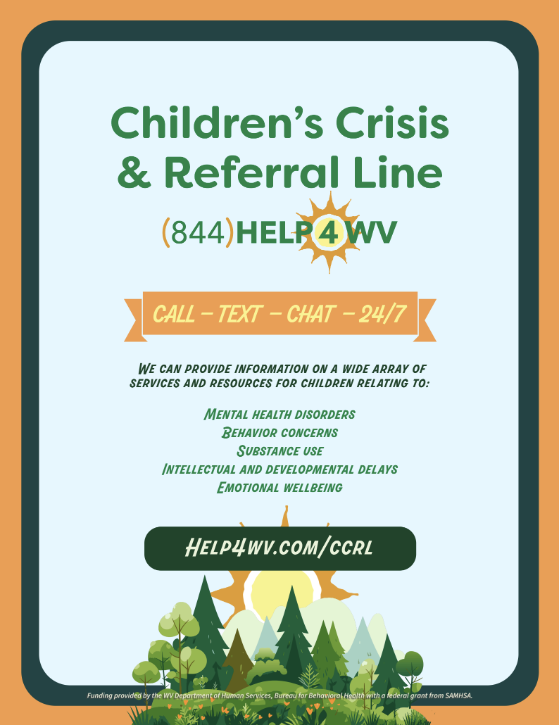Flyer for Children's Crisis & Referral Line with contact info, services offered, and a nature illustration at the bottom.