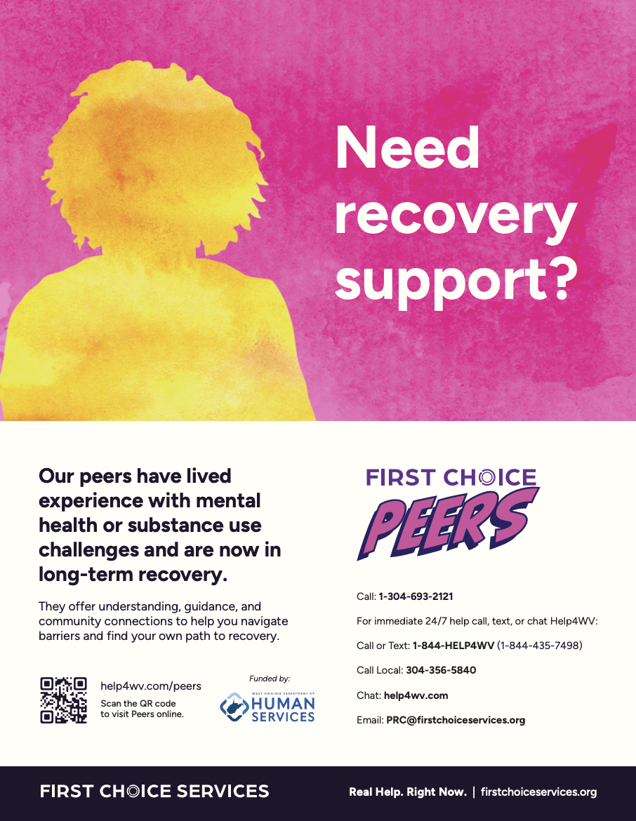 A flyer for First Choice Peers providing resources and contact information. 