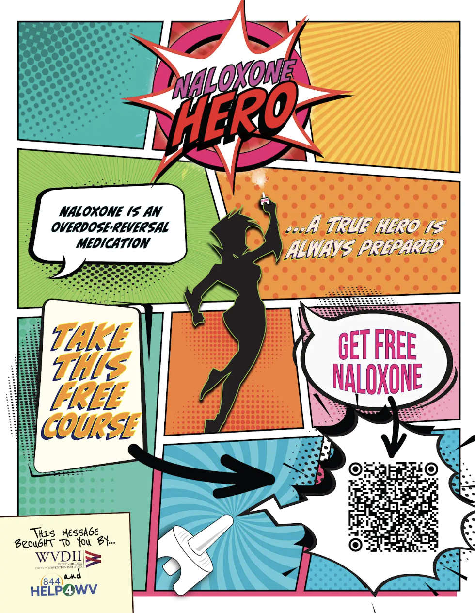 A colorful comic-style poster promoting free naloxone training courses with a QR code for more information.