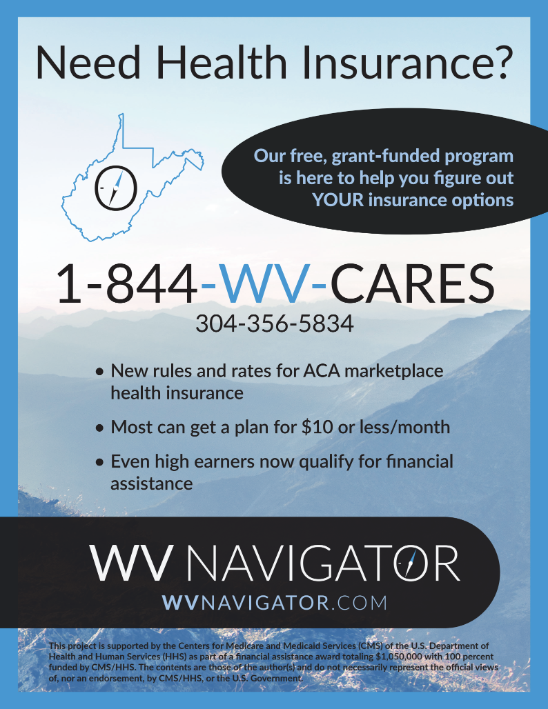 A health insurance advertisement featuring a mountain landscape background, a map of West Virginia with a compass, and contact information for WV Navigator, a free health insurance assistance program.