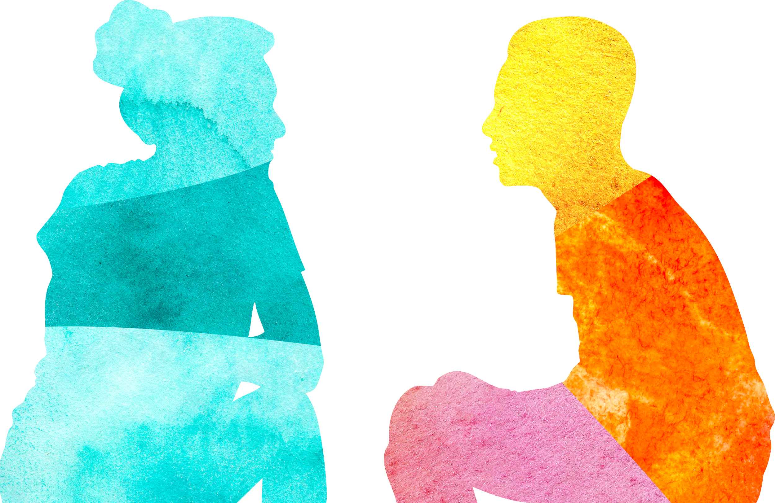 Silhouettes of a woman and a man facing each other with a white background.