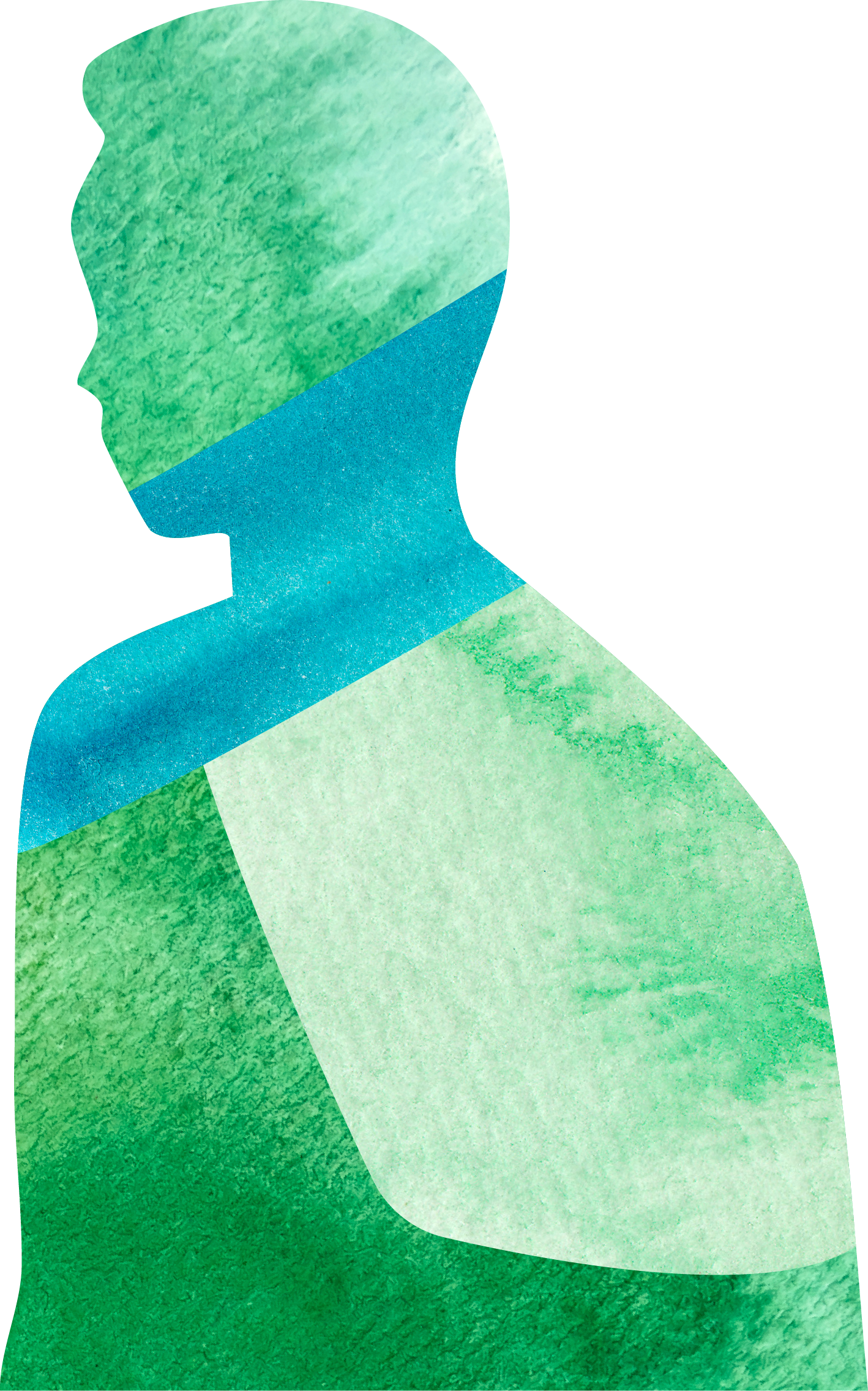 An abstract watercolor illustration of a person's side profile with green and blue shades.