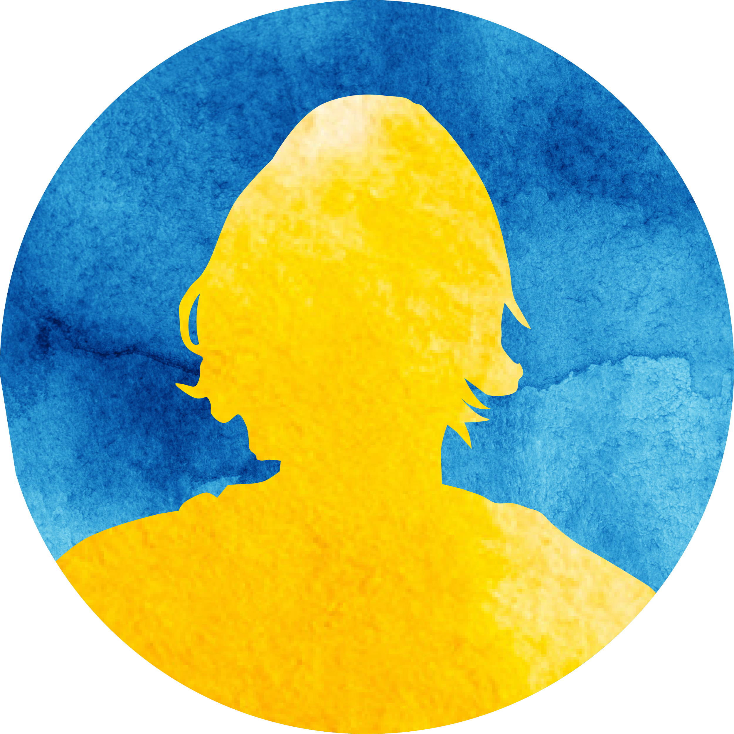 Silhouette of a person with yellow hair against a blue circular watercolor background.