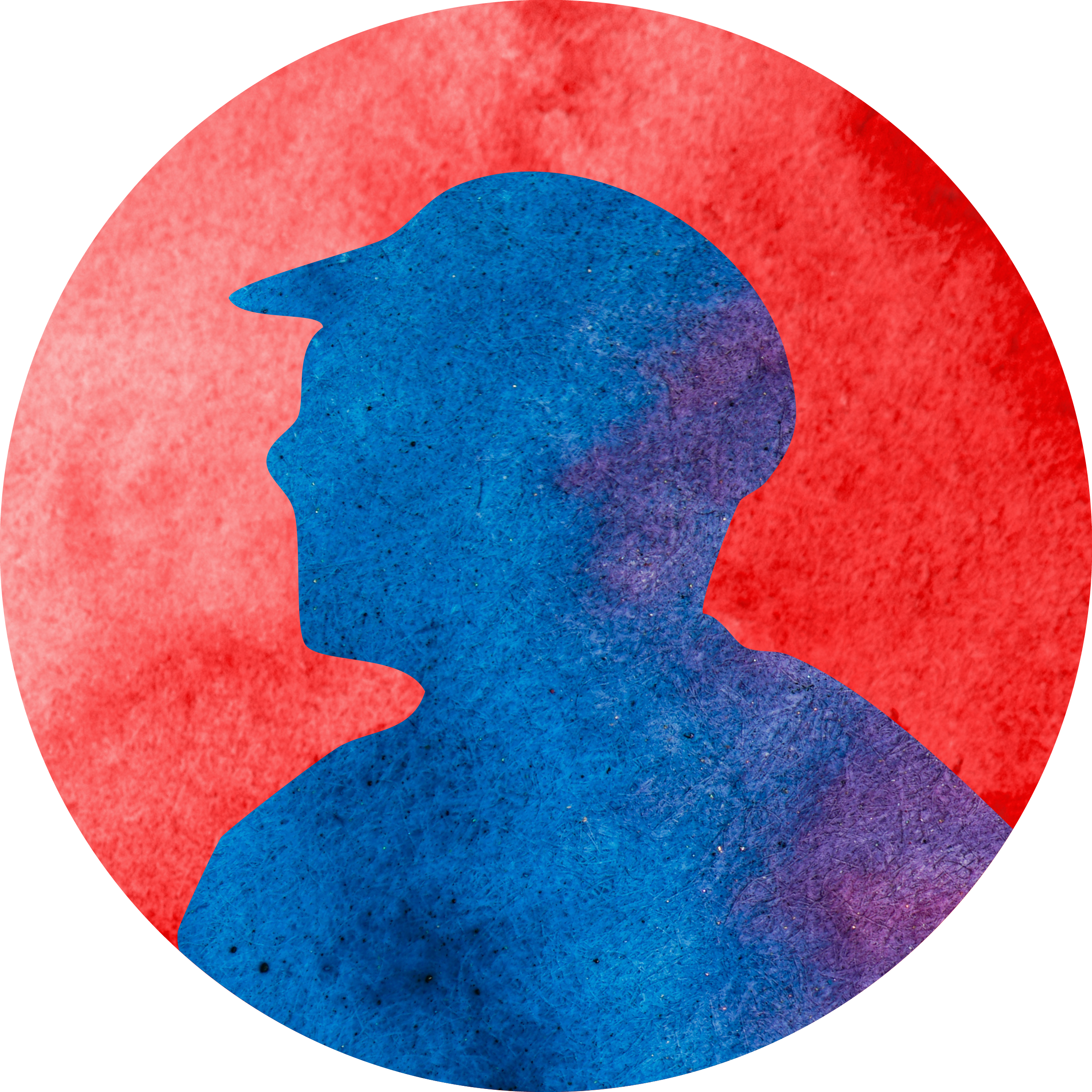 Silhouette of a person's profile with a textured blue color against a red and black background.