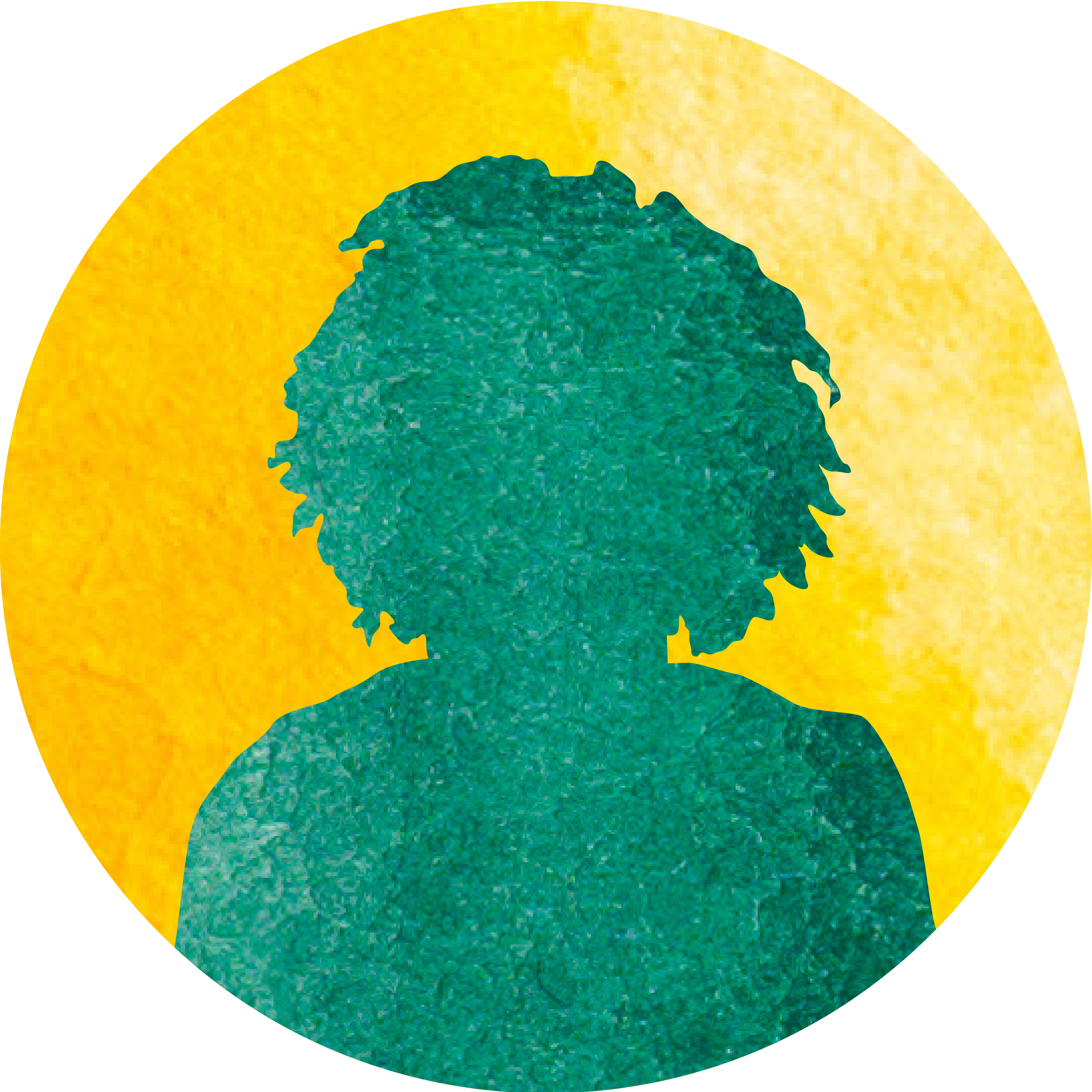 Silhouette of a person with curly hair in front of a yellow circle background, with part of the image torn or cut at the bottom right corner.