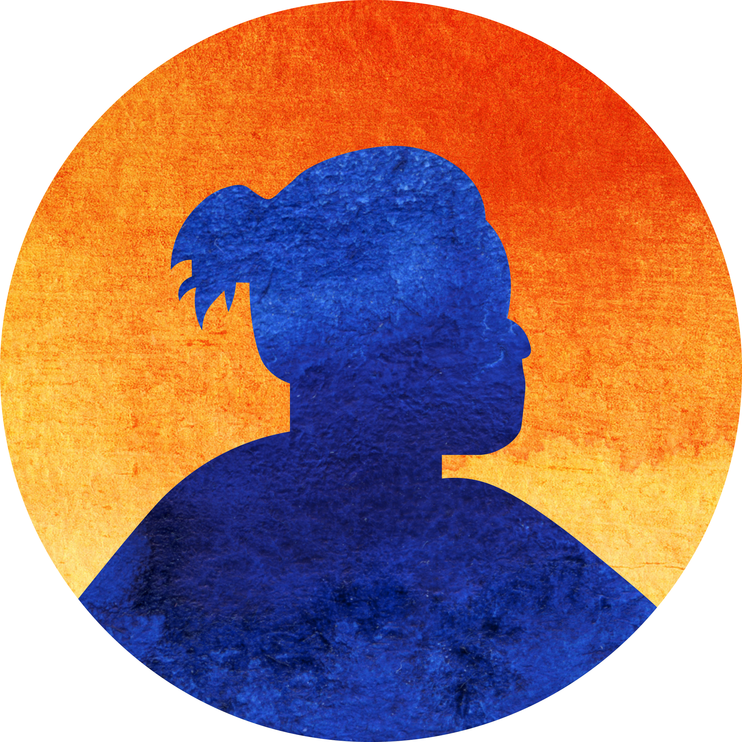 Silhouette of a person with hair in a bun on a textured blue background, with a circular orange gradient behind.