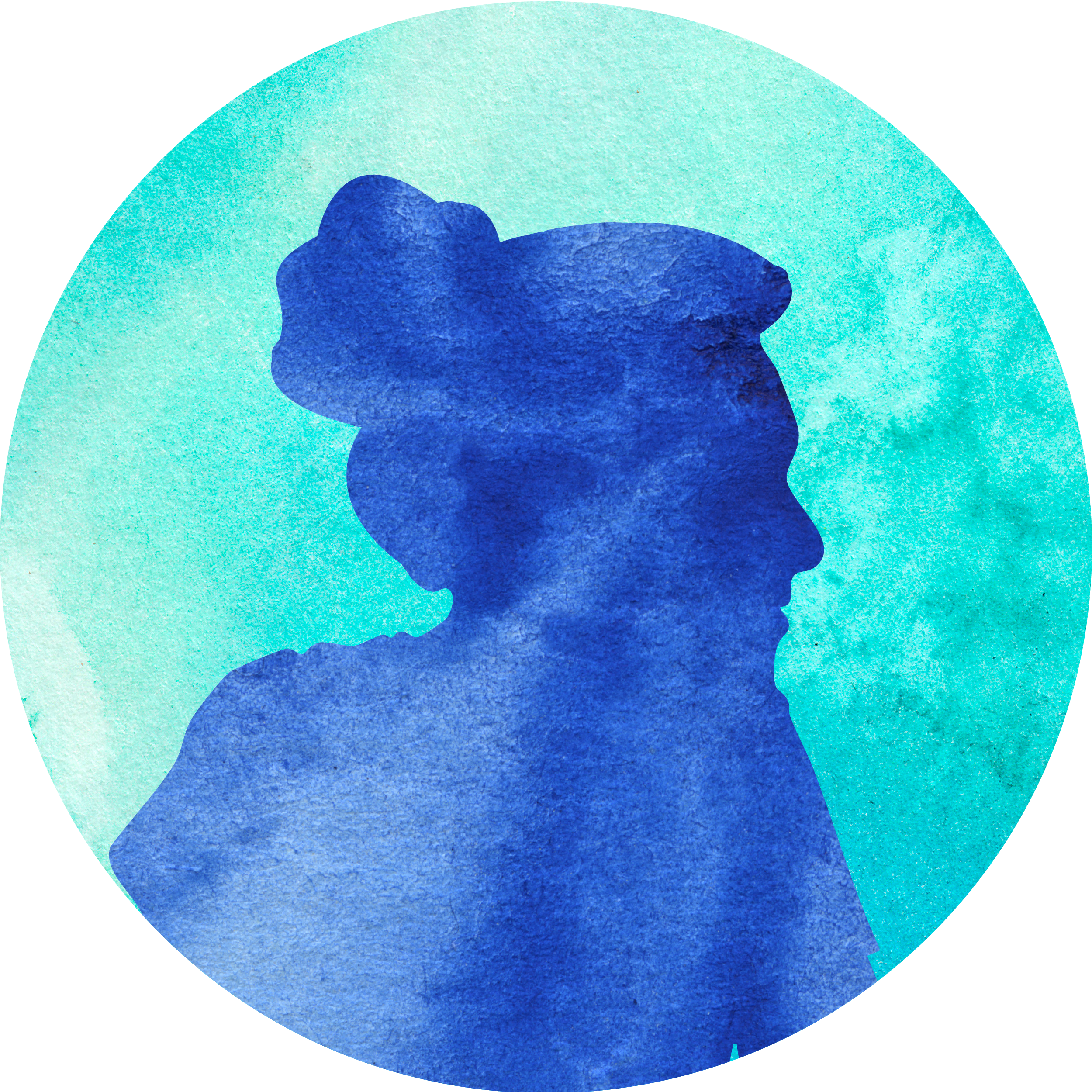 Silhouette of a woman with an updo hairstyle, painted in shades of blue, with a textured watercolor background.