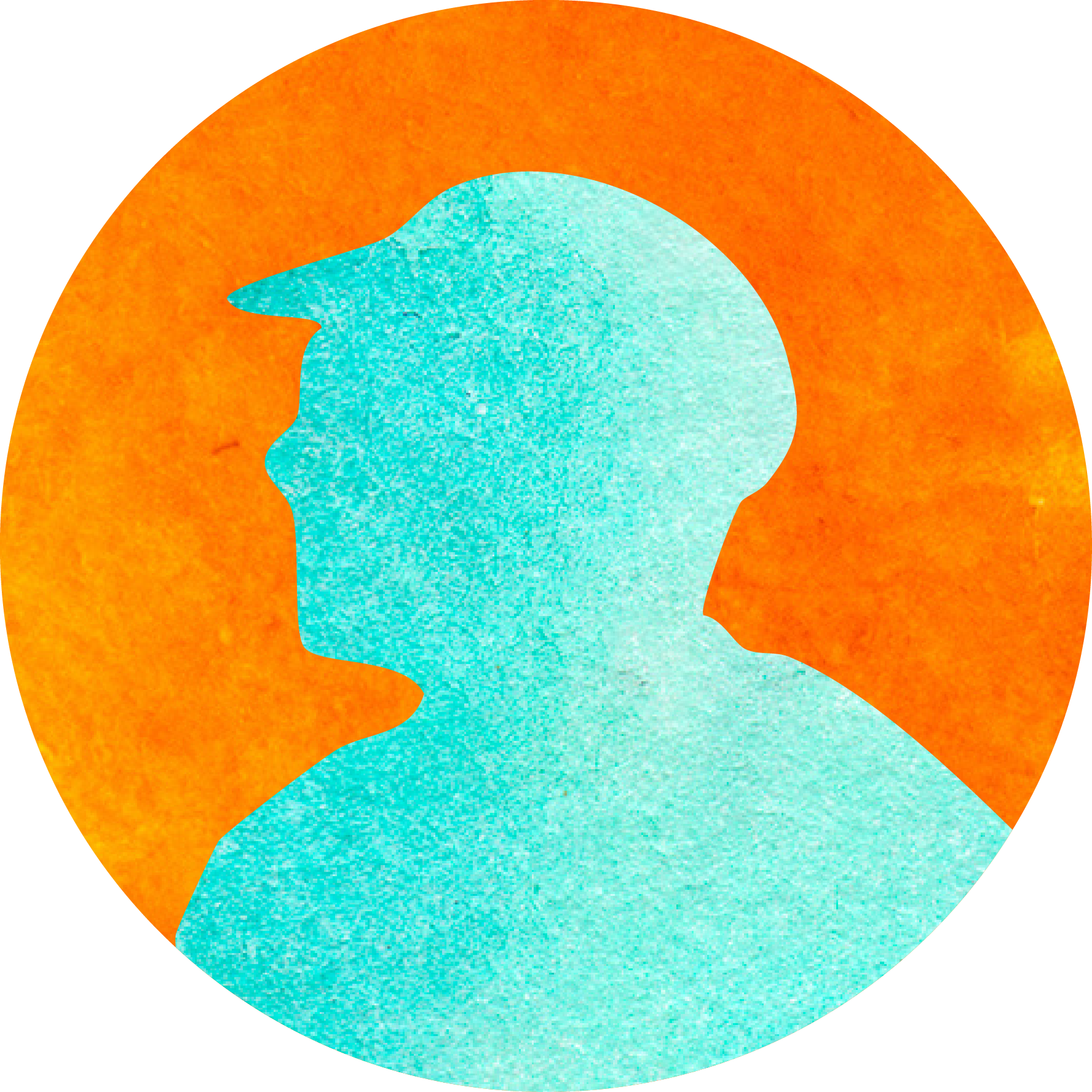 Silhouette of a person's profile in light blue against an orange background.