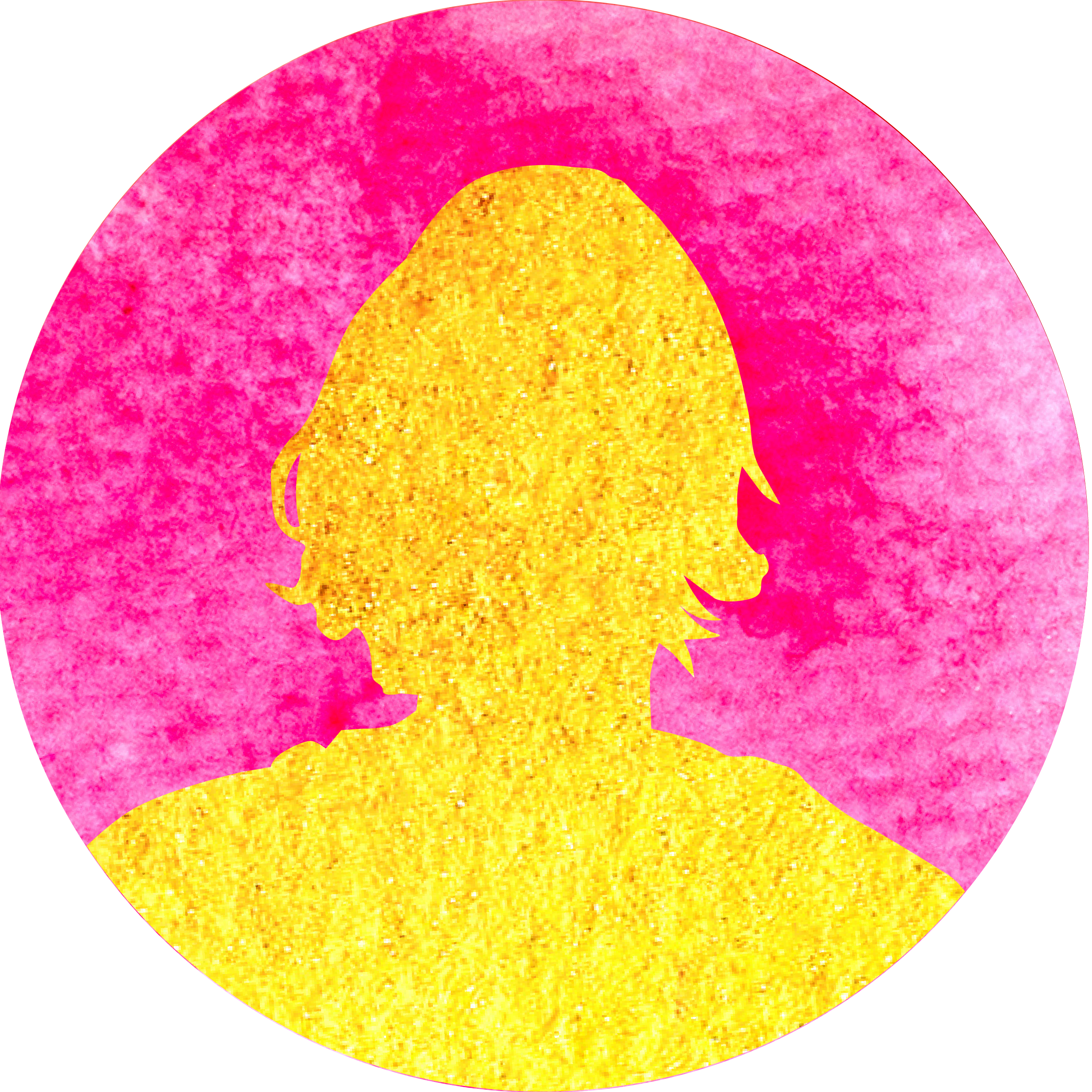 Silhouette of a woman with shoulder-length hair on a pink textured background.