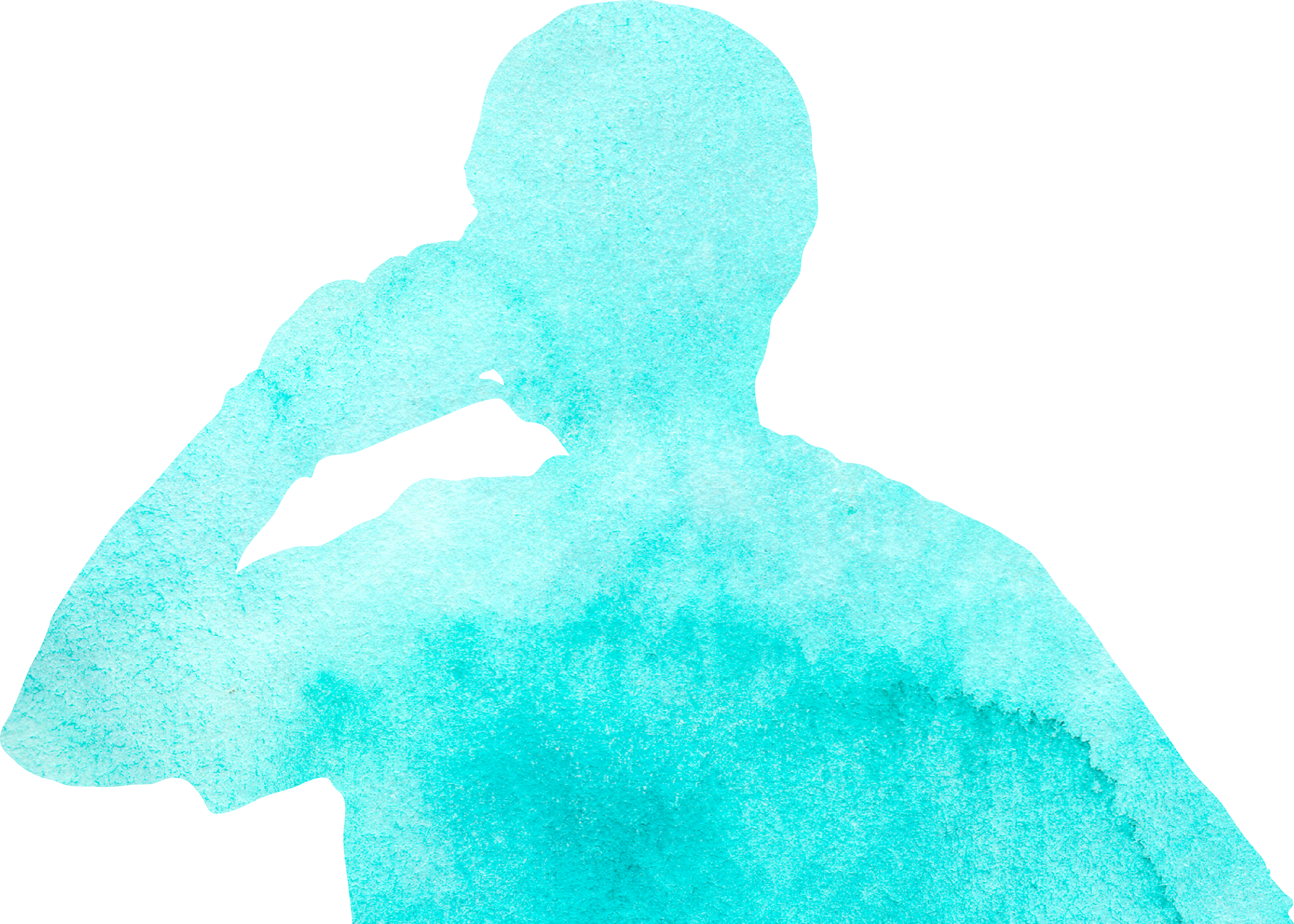 Silhouette of a person holding and speaking into a phone, depicted in watercolor style with shades of blue.