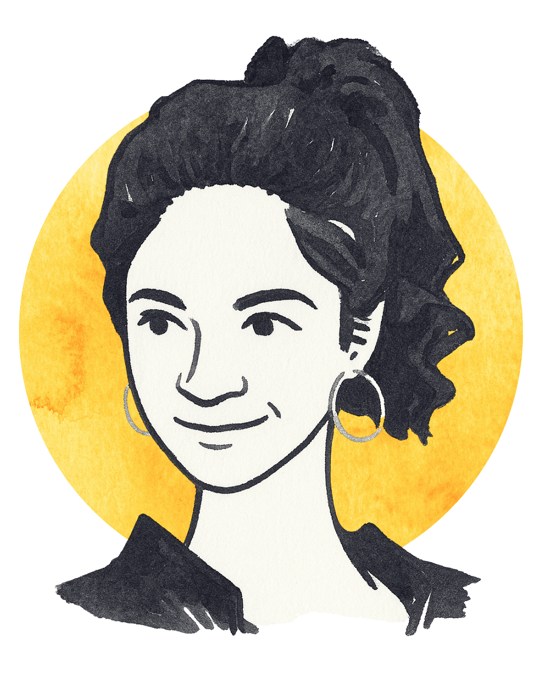 Black and white illustrated portrait of a woman with dark, wavy hair wearing hoop earrings and a dark top, set against a yellow watercolor circle background.