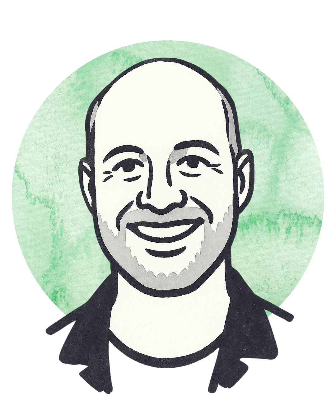 Black and white illustrated portrait of a smiling man with a beard, set against a green watercolor background.
