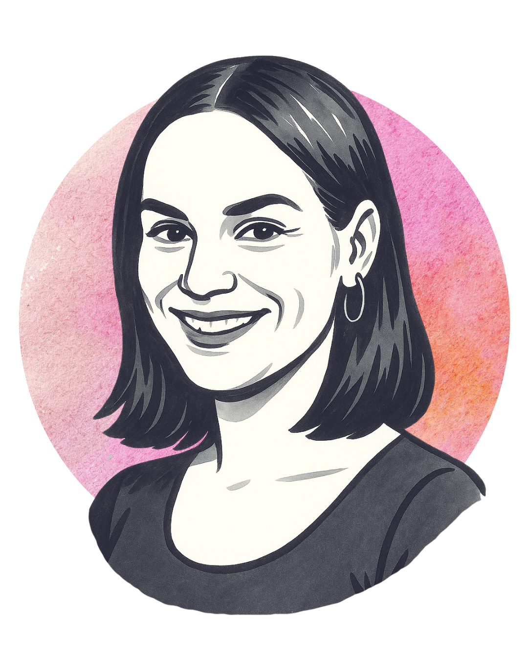 Watercolor portrait of a woman with shoulder-length dark hair, earrings, and a smile, set against a pink and orange watercolor background.