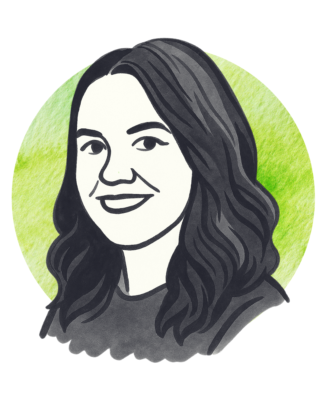 Black and white illustration of a smiling woman with long, wavy hair, set against a green textured background.