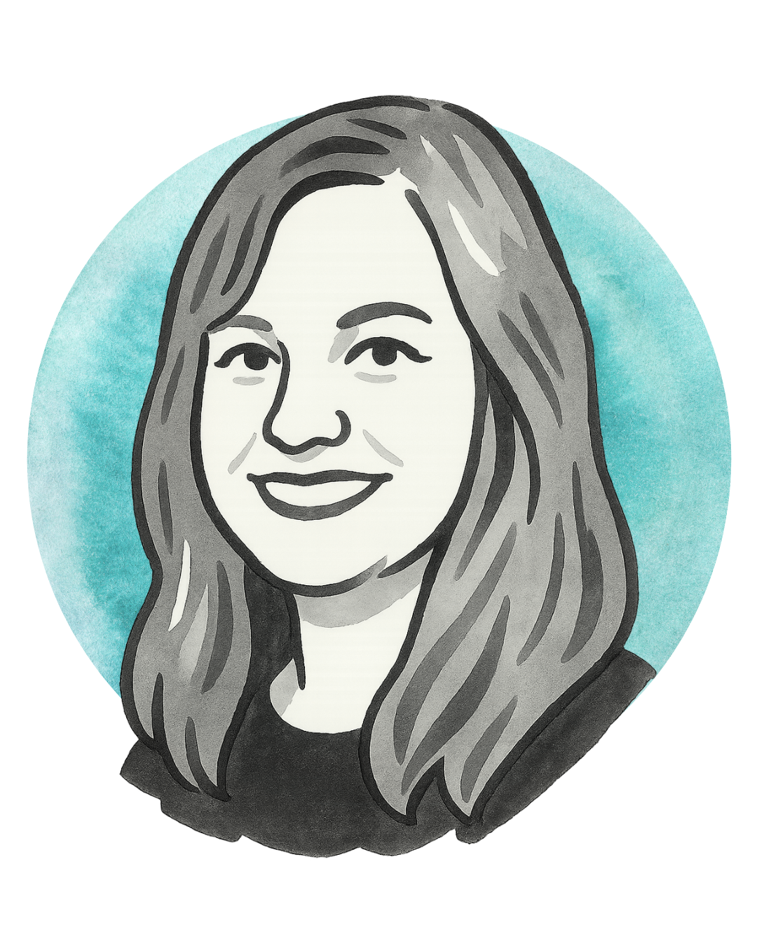 Black and white illustrated portrait of a smiling woman with long, wavy hair, set against a light blue circular background.