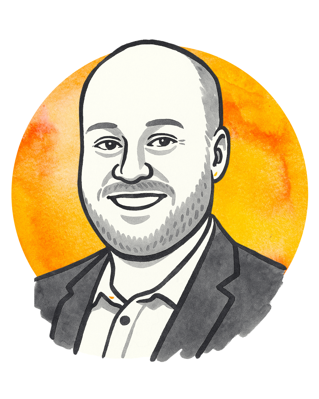 A black and white illustration of a man with a beard and a smile, wearing a suit jacket and shirt, with an orange watercolor background.