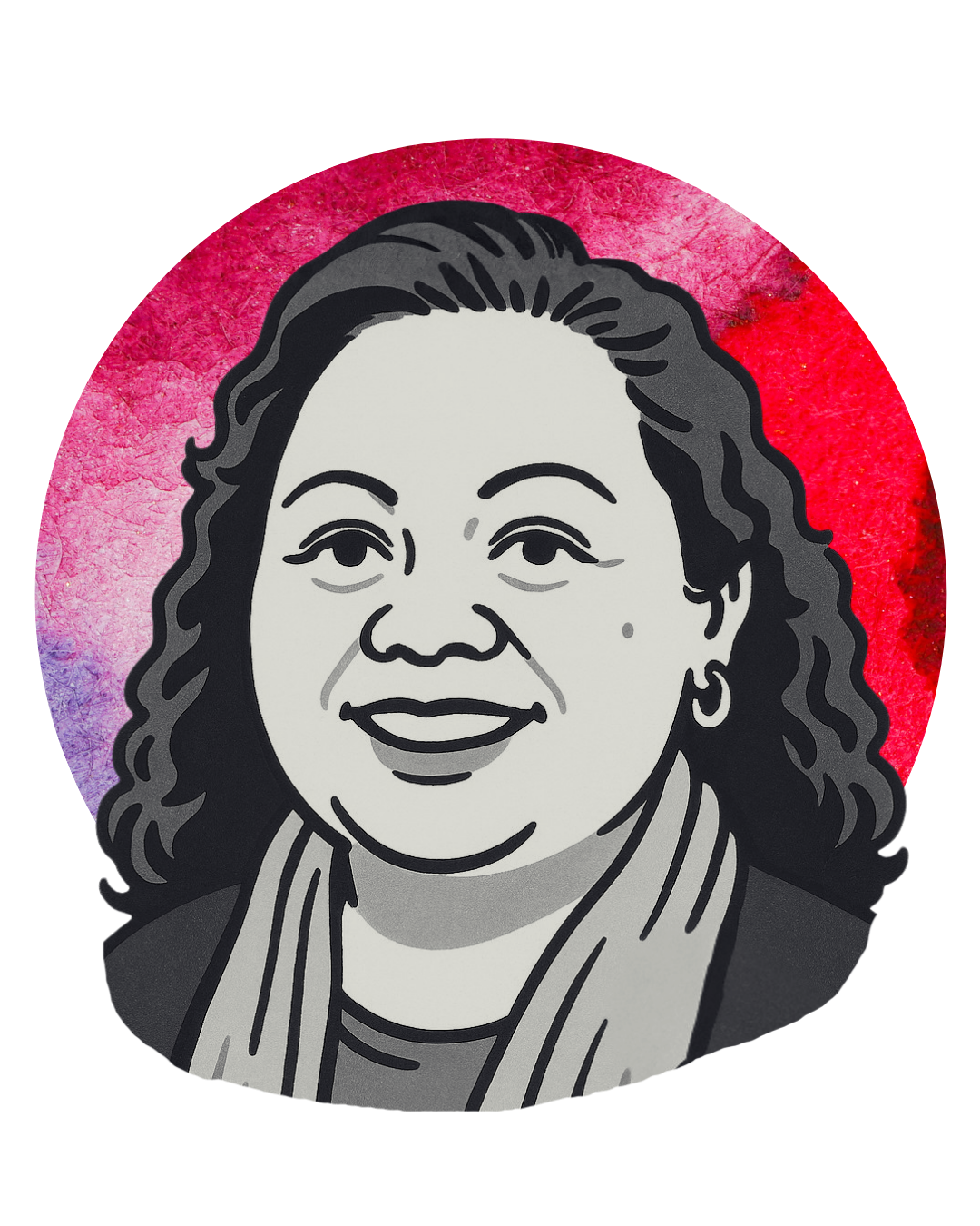 Black and white illustrated portrait of a woman with curly hair, smiling, with a colorful, textured background.