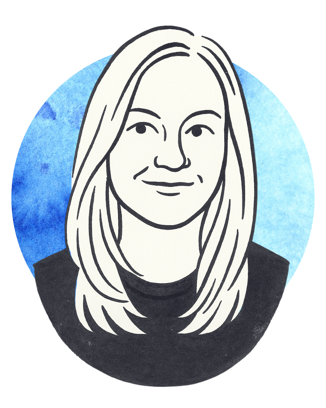 Stylized black and white drawing of a smiling woman with long, straight hair against a watercolor blue circular background.