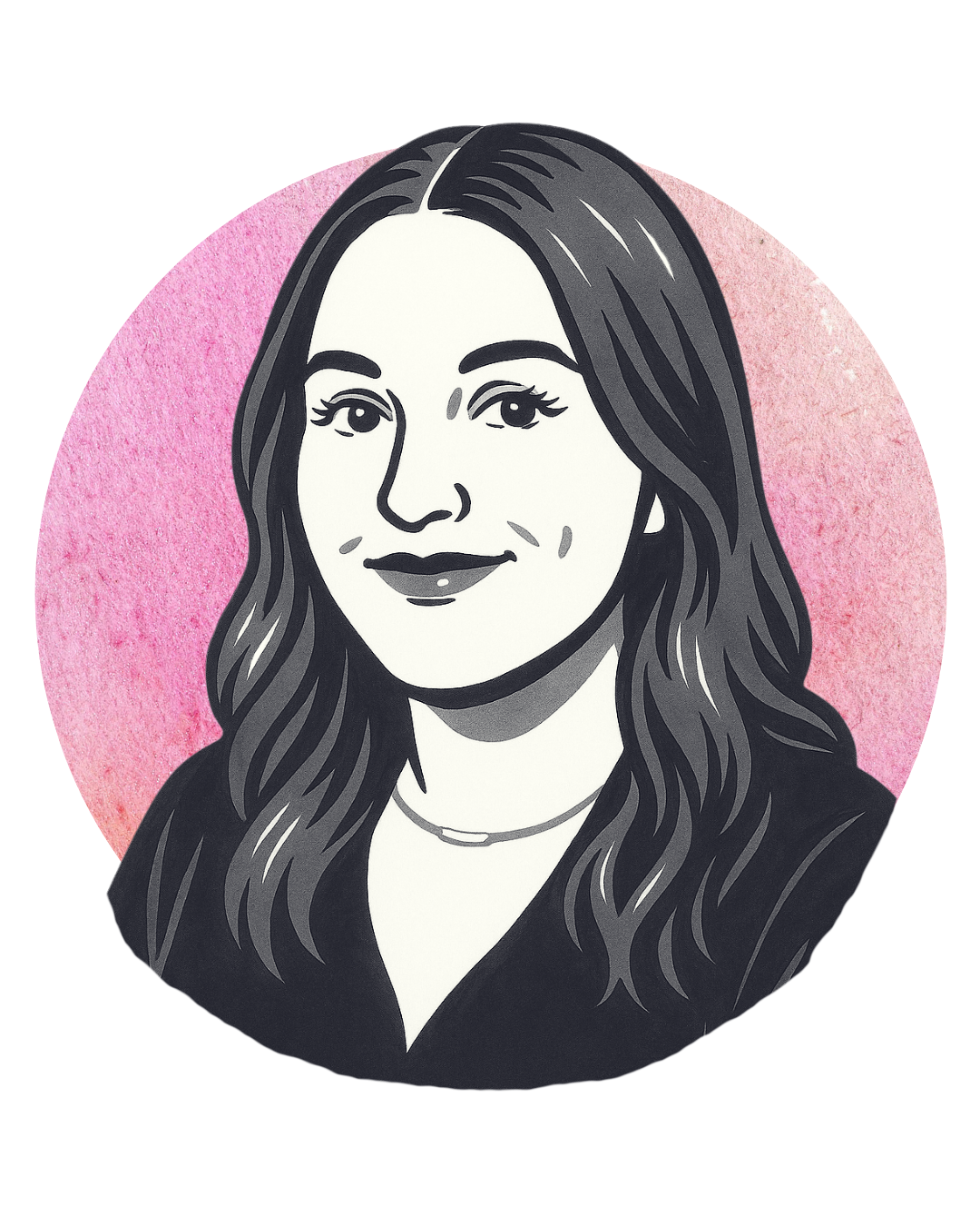 Black and white illustrated portrait of a woman with long wavy hair, smiling, with a pink watercolor background.