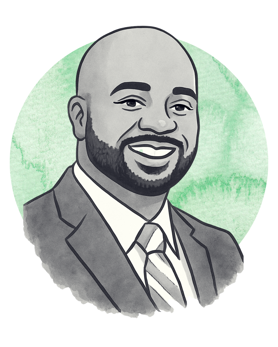 A black and white illustrated portrait of a smiling man wearing a suit and tie, with a bald head and a beard, set against a light green watercolor background.