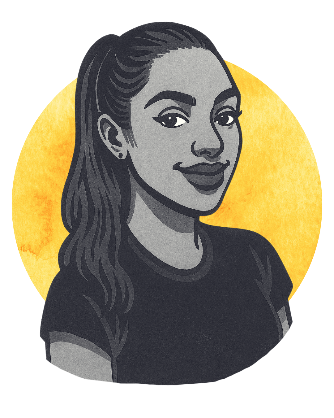 A grayscale digital illustration of a woman with long wavy hair, wearing a black shirt, set against a yellow watercolor background.