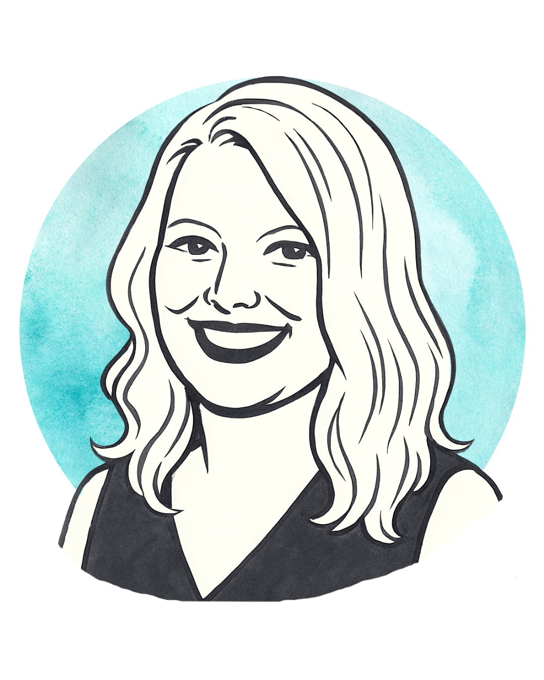 Black and white digital illustration of a smiling woman with long, wavy hair, wearing a sleeveless top, set against a turquoise watercolor background.