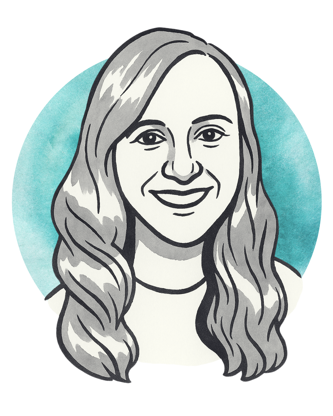 Digital illustration of a woman with long wavy hair and a smile, set against a blue watercolor background.