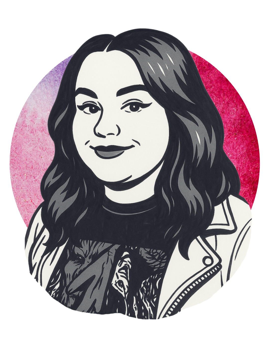 Black and white illustration of a woman with long wavy hair, smiling, with a pink background and a partial rainbow around the portrait.