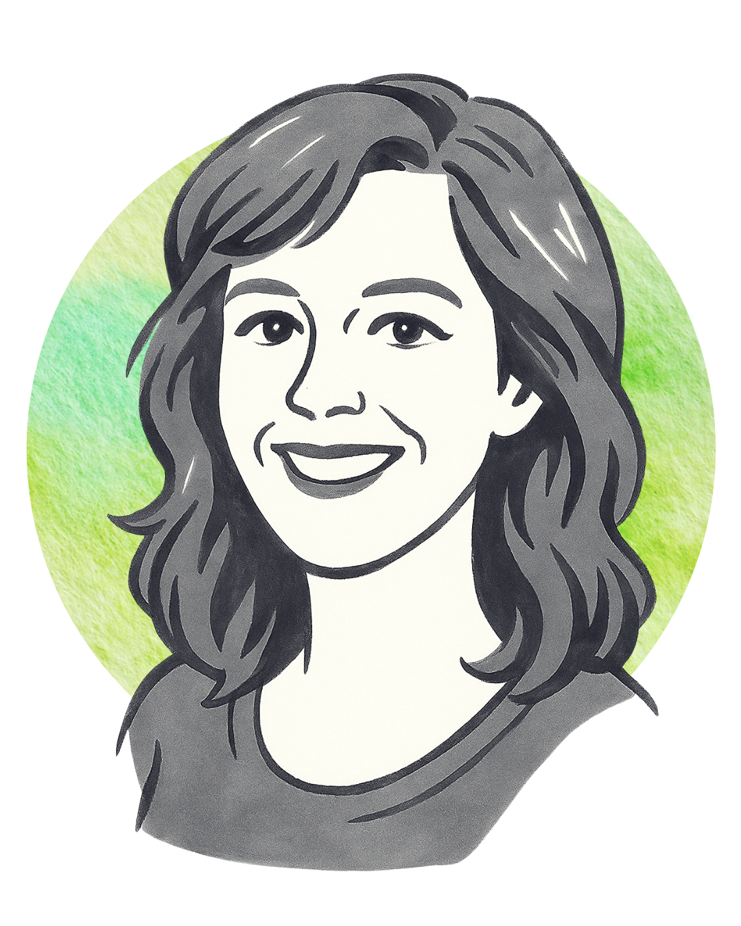 Black and white digital illustration of a woman with wavy hair, smiling, with a green watercolor background.