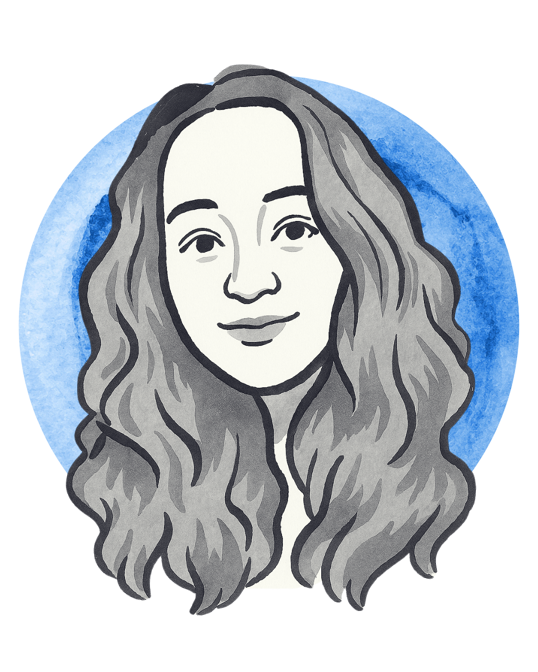 artistic illustration of a smiling woman with long, wavy hair, with a blue circular background
