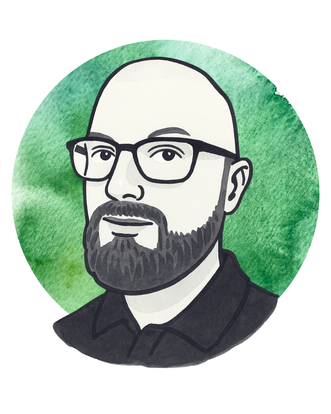 Black and white illustrated portrait of a man with glasses and a beard, set against a green watercolor background.