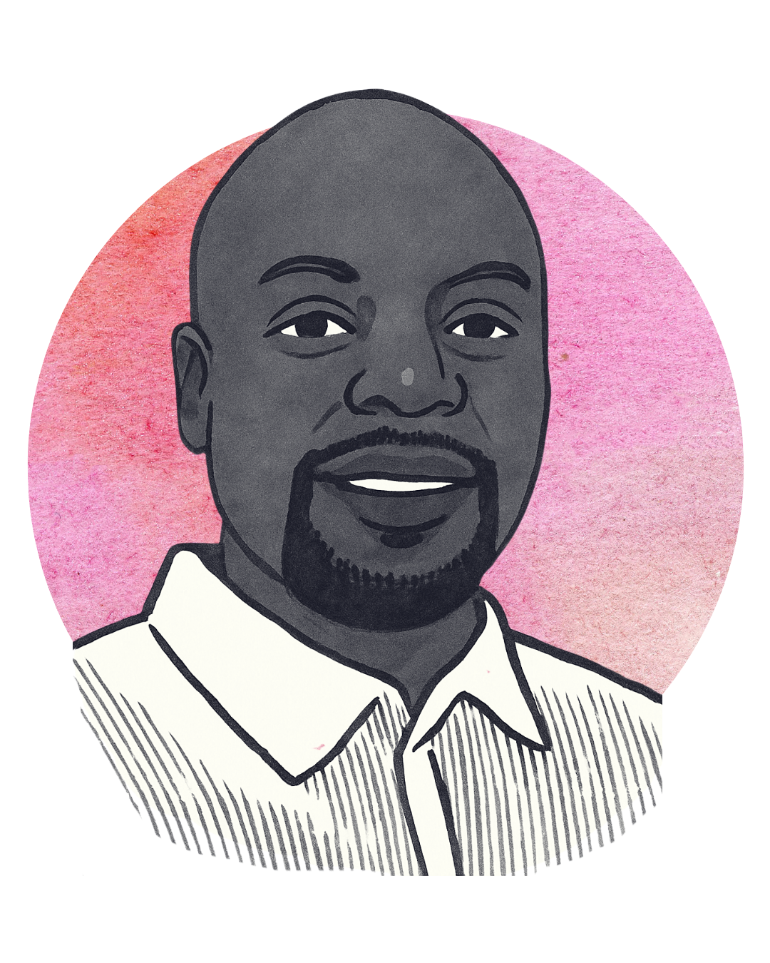 Illustration of a man with a bald head, goatee, and mustache, wearing a collared shirt, set against a pink textured background.