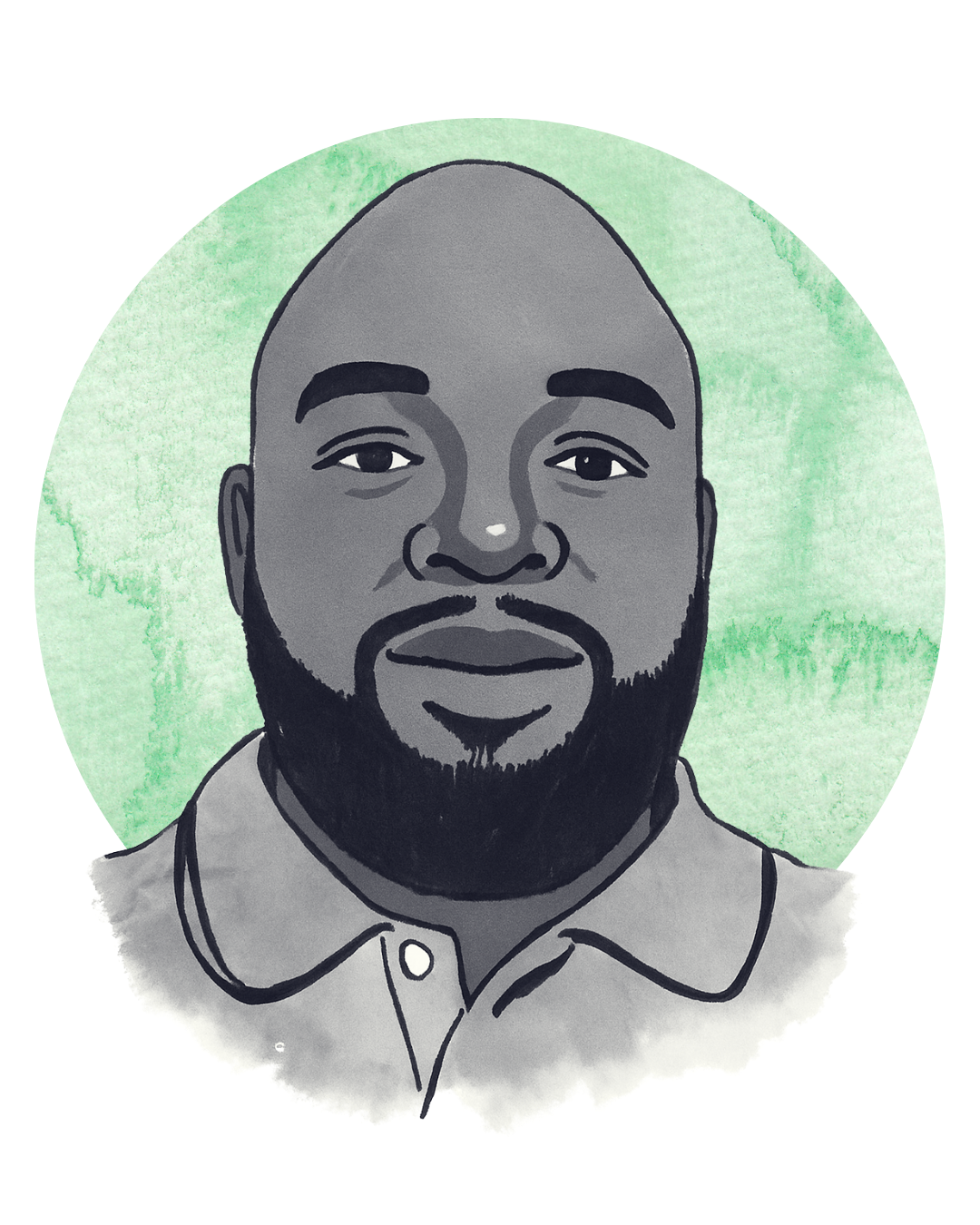 A black-and-white digital illustration of a man with a shaved head, full beard, and mustache, wearing a collared shirt, set against a green watercolor background.