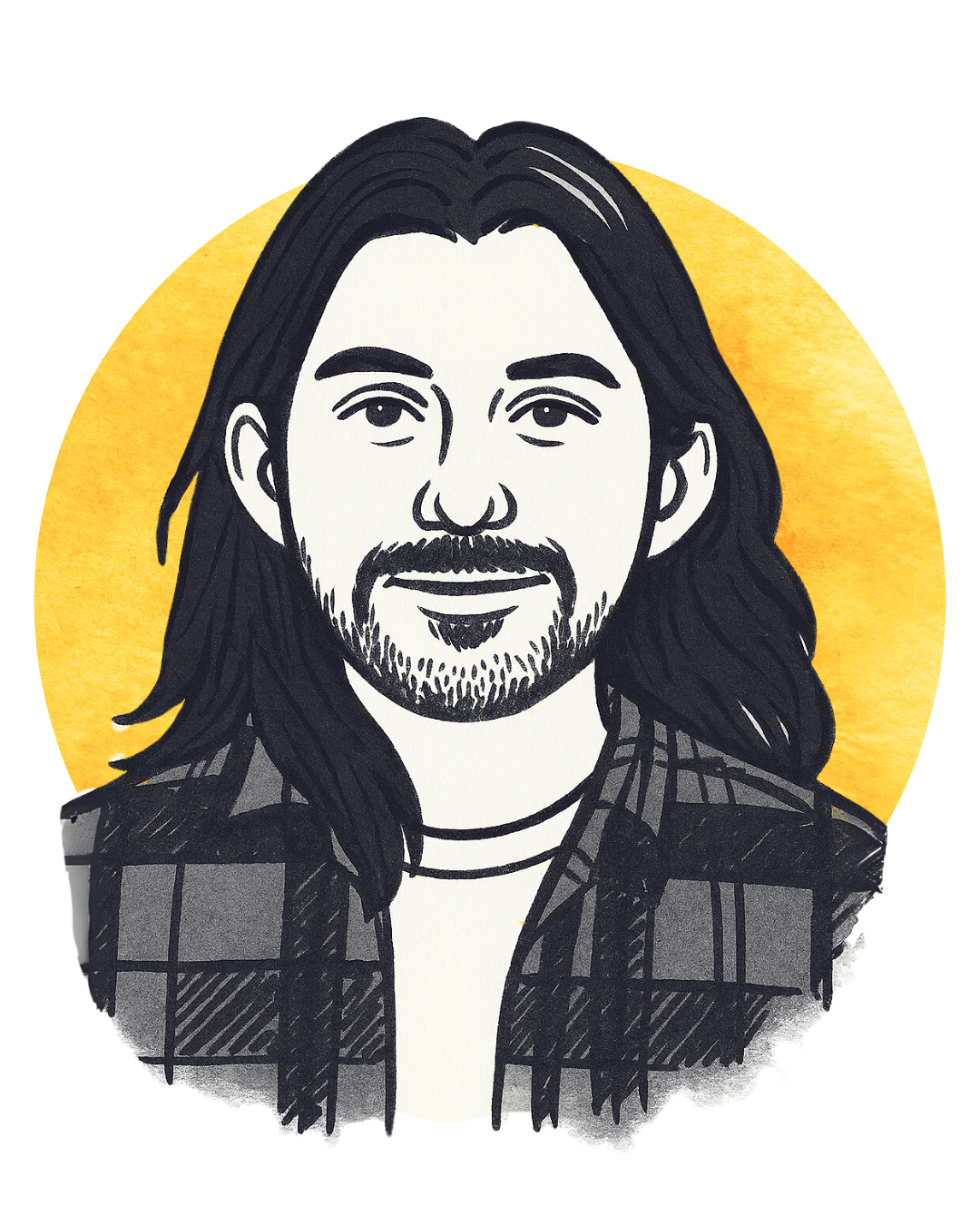 Illustration of a man with long hair, a beard, wearing a checkered shirt, smiling, with a yellow background.
