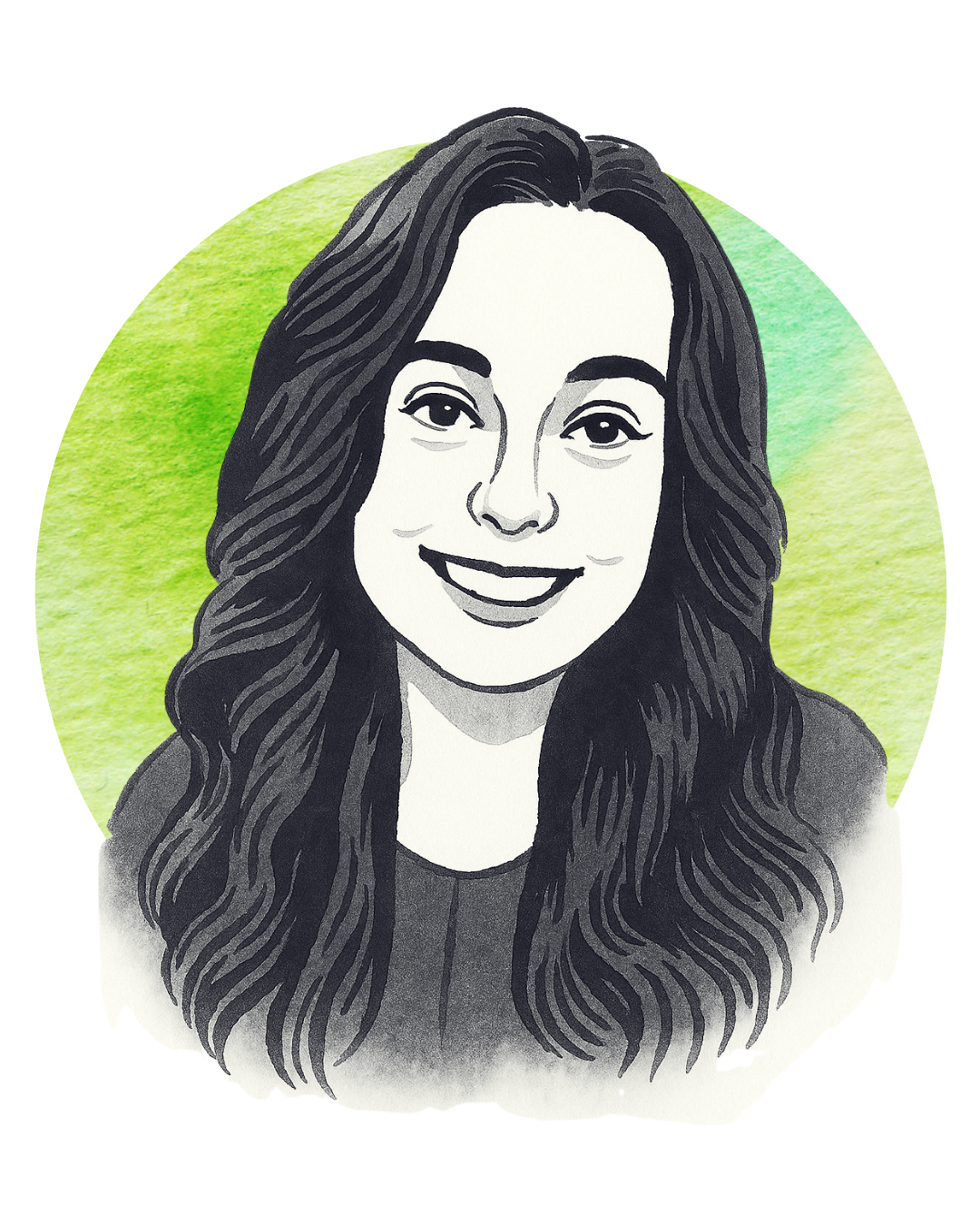 Black and white illustration of a woman with long wavy hair, smiling, with a green watercolor background.