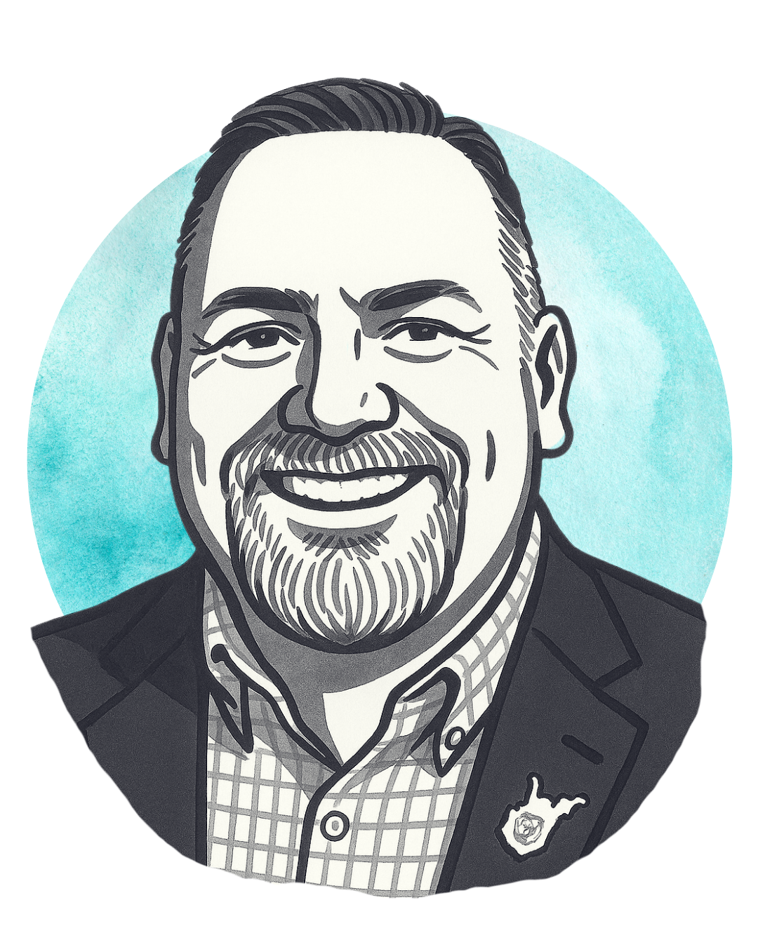 Black and white illustrated portrait of a smiling man with a beard, mustache, short hair, wearing a suit jacket and a checkered shirt, with a badge on his jacket, set against a light blue circular background.