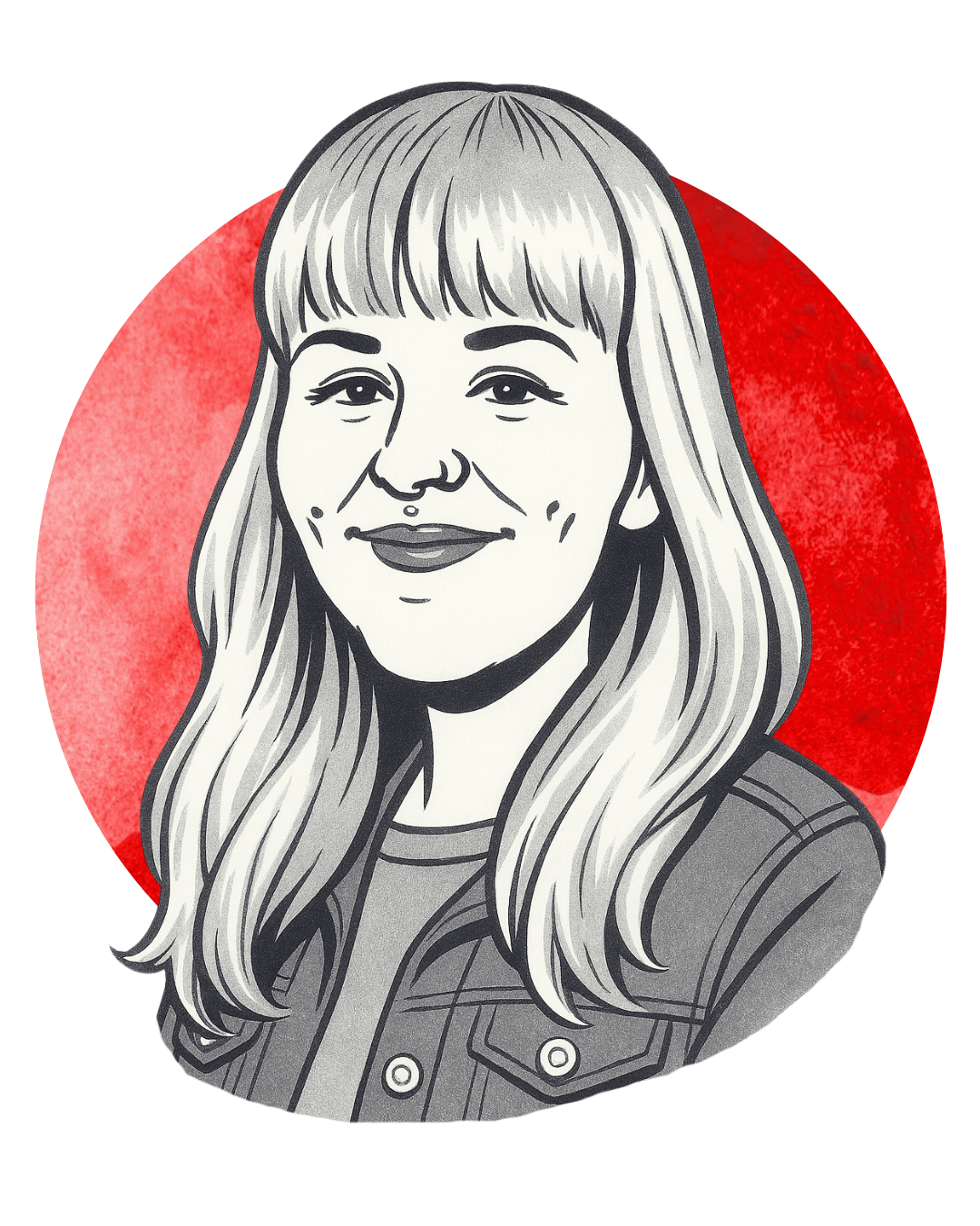 Black and white illustrated portrait of a woman with long hair, smiling, against a red circular background.