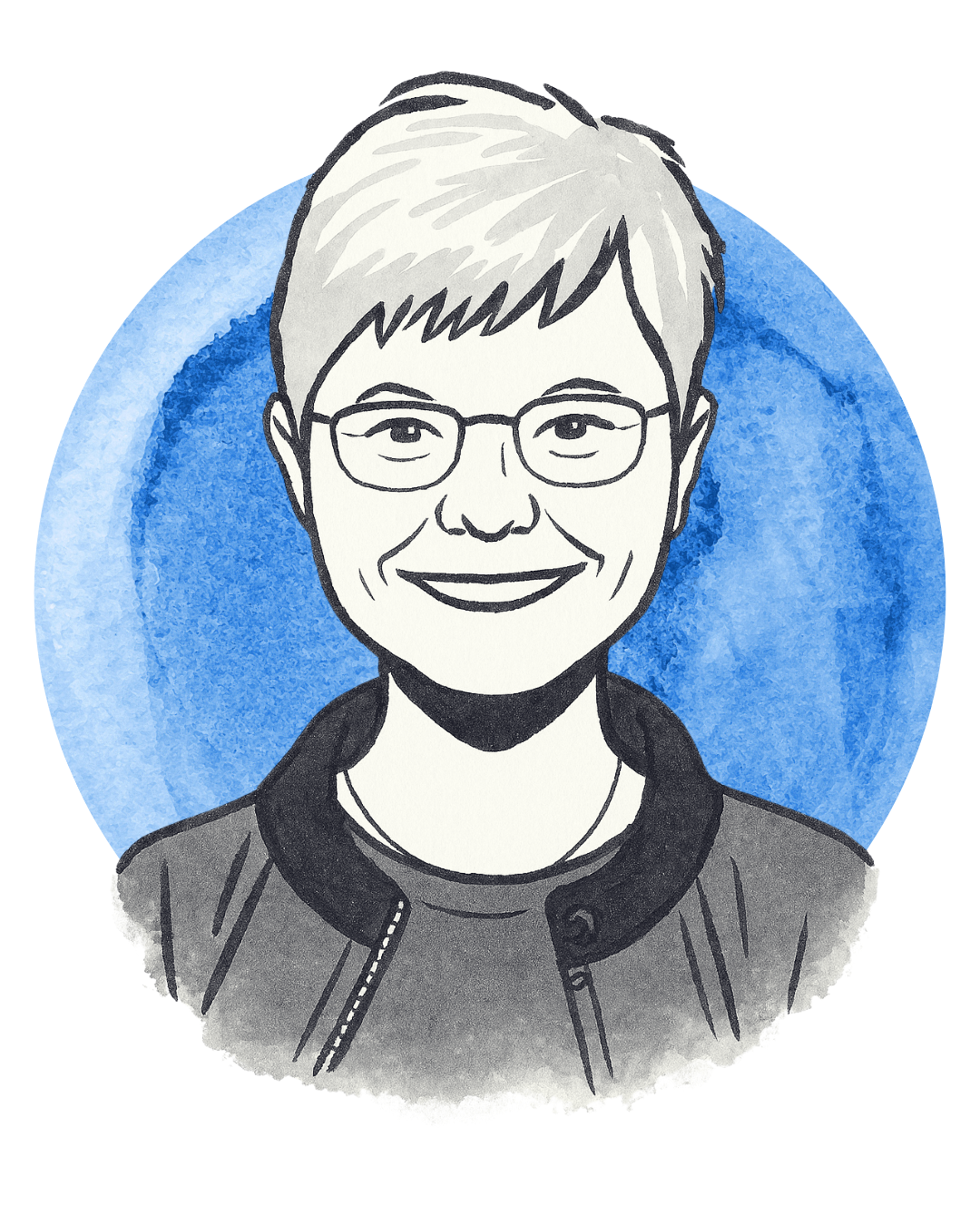 Illustration of a smiling person with short hair, glasses, wearing a jacket over a shirt, set against a blue watercolor background.