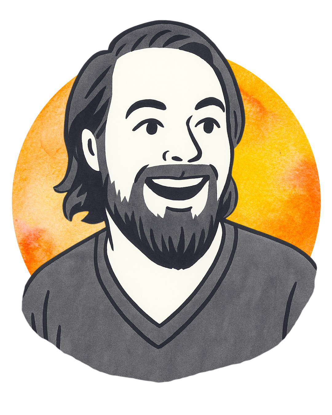 Black and white cartoon illustration of a smiling man with shoulder-length hair and a beard, wearing a V-neck shirt, with an orange watercolor background.