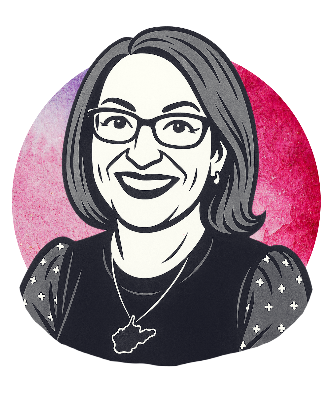 Black and white digital illustration of a smiling woman with glasses and shoulder-length hair, wearing a necklace with a land-shaped pendant and a top with a floral pattern, set against a pink textured background.