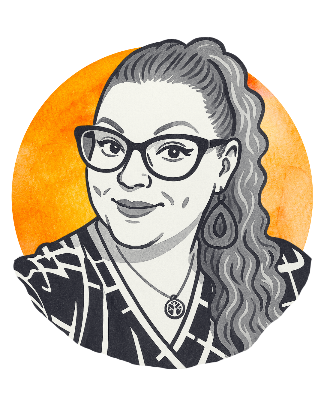 Illustration of a woman with wavy hair, glasses, earrings, and a necklace, set against an orange background.