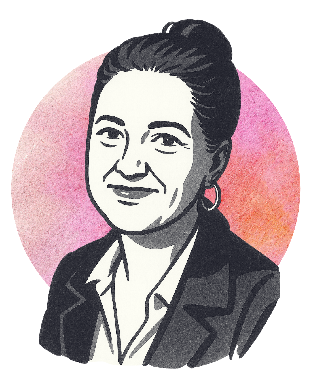 Black and white digital illustration of a woman with her hair pulled back, wearing hoop earrings, a collared shirt, and blazer, set against a pink watercolor circle background.