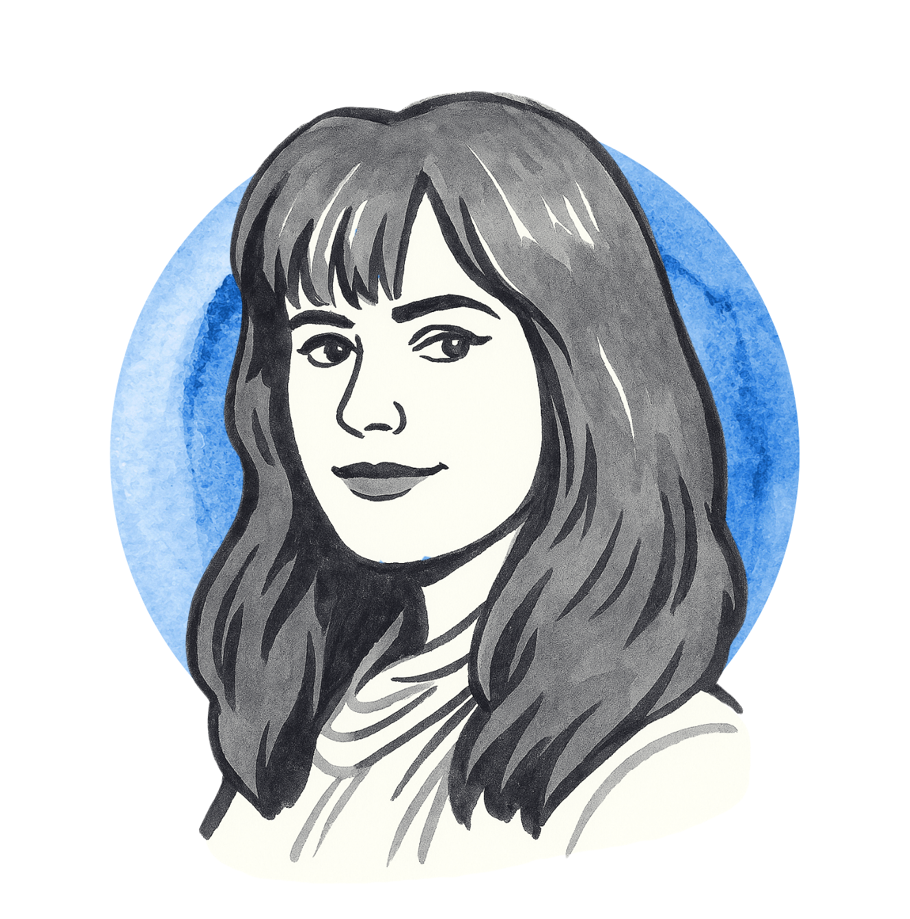 Black and white illustration of a woman with long, wavy hair, wearing a top with a rounded neckline, with a blue watercolor background.