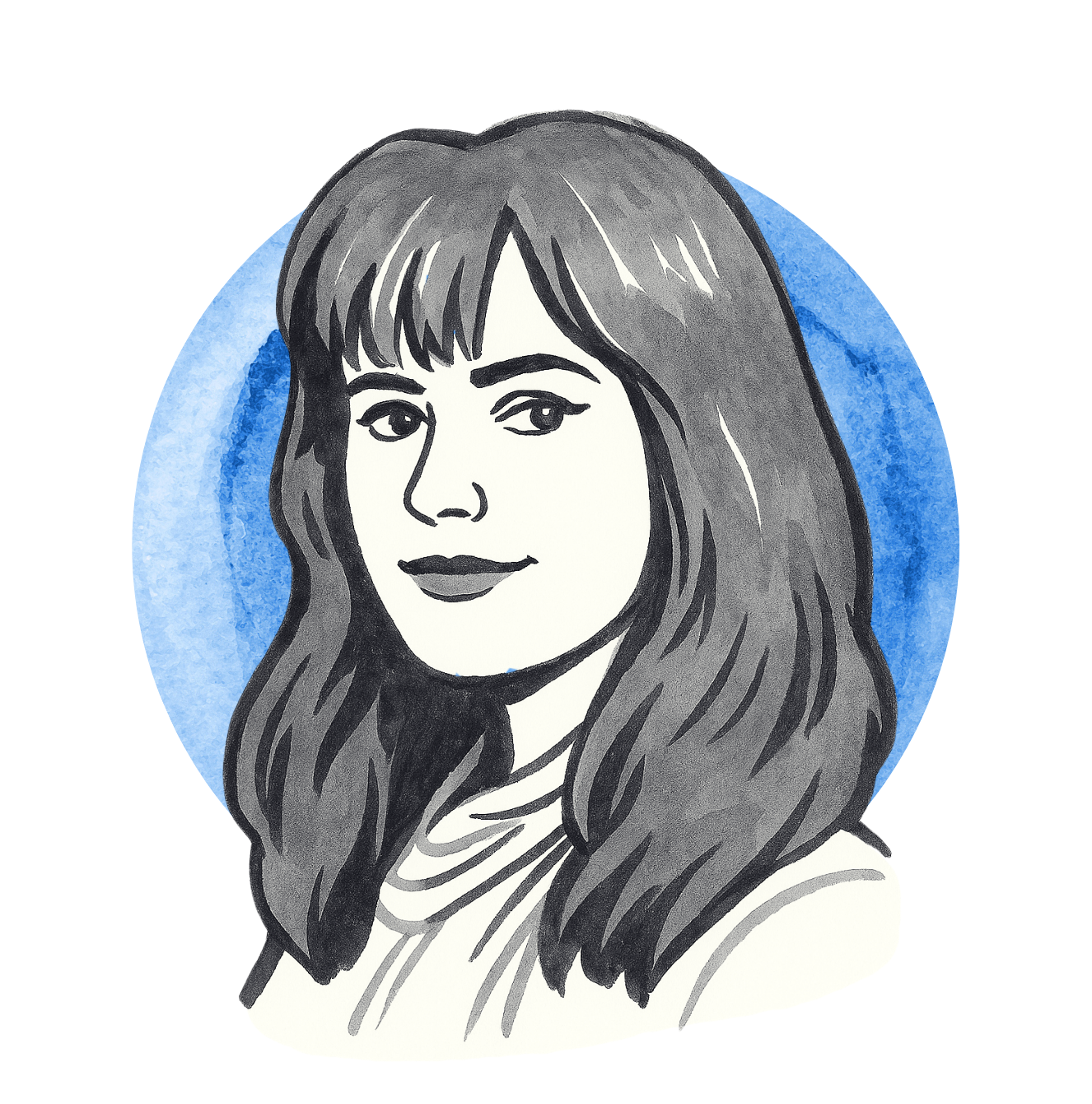 Black and white illustrated portrait of a woman with long hair and a slight smile, set against a blue watercolor background.