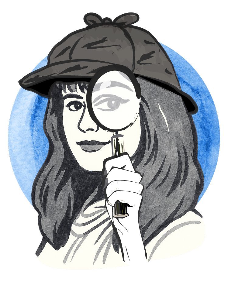 Illustration of a woman wearing a hat, holding a magnifying glass in front of one eye, with a blue circular background.