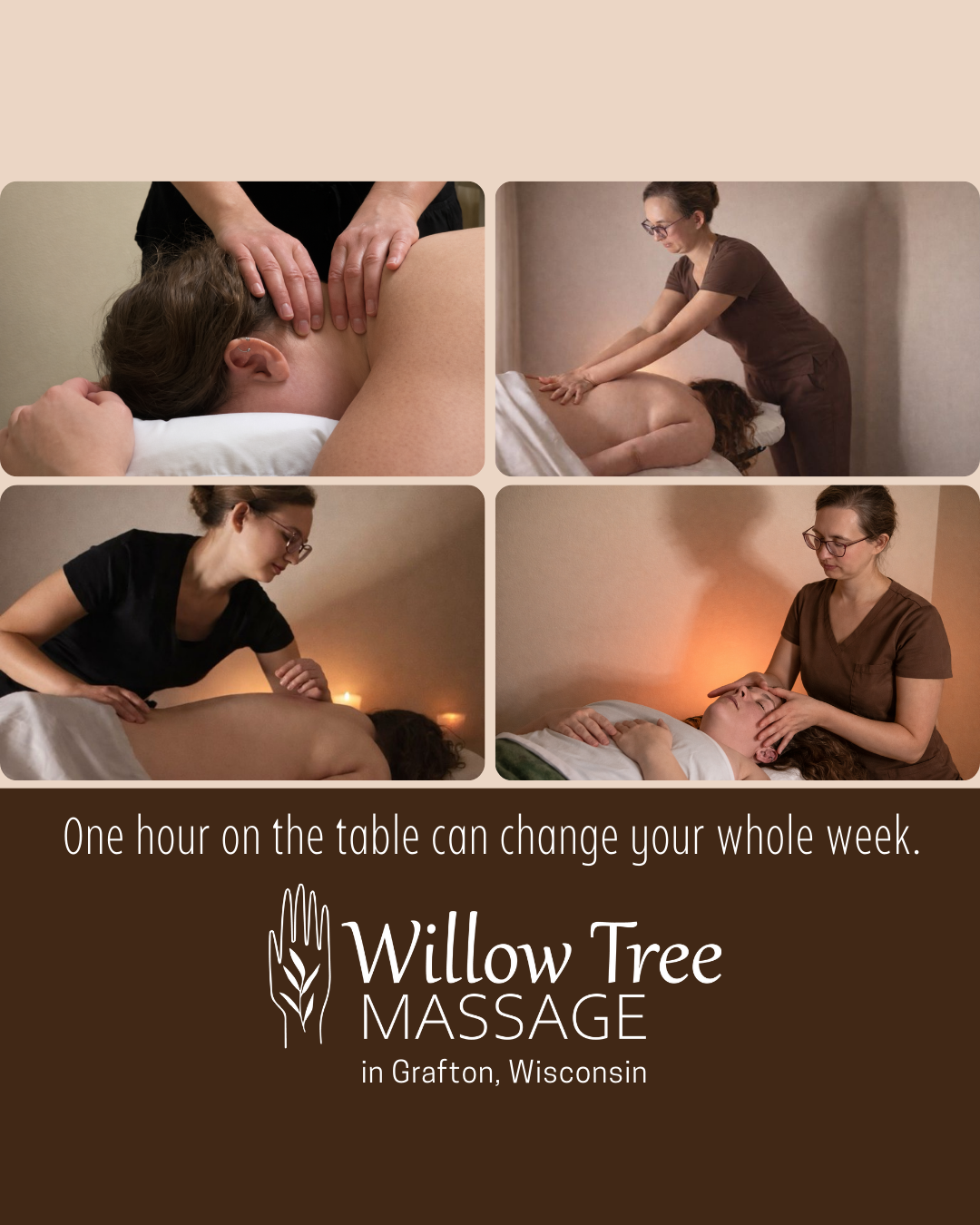 Collage of four photos showing a woman receiving massages from a massage therapist in different positions, and a promotional message for Willow Tree Massage in Grafton, Wisconsin.