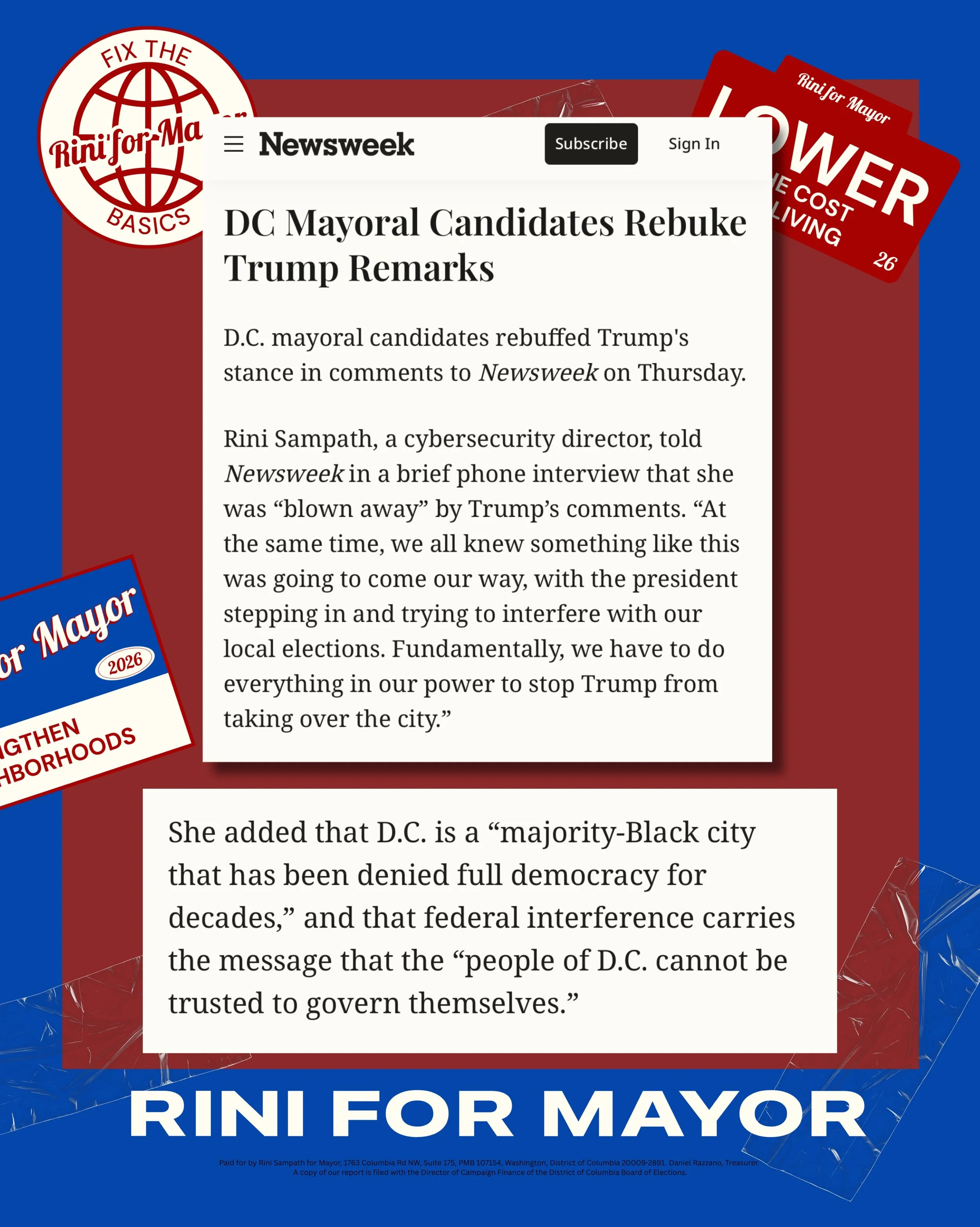 Our city is not this President&rsquo;s playground. We deserve leaders who will protect our autonomy through good governance. Find us in @newsweek. riniformayor.com/vote