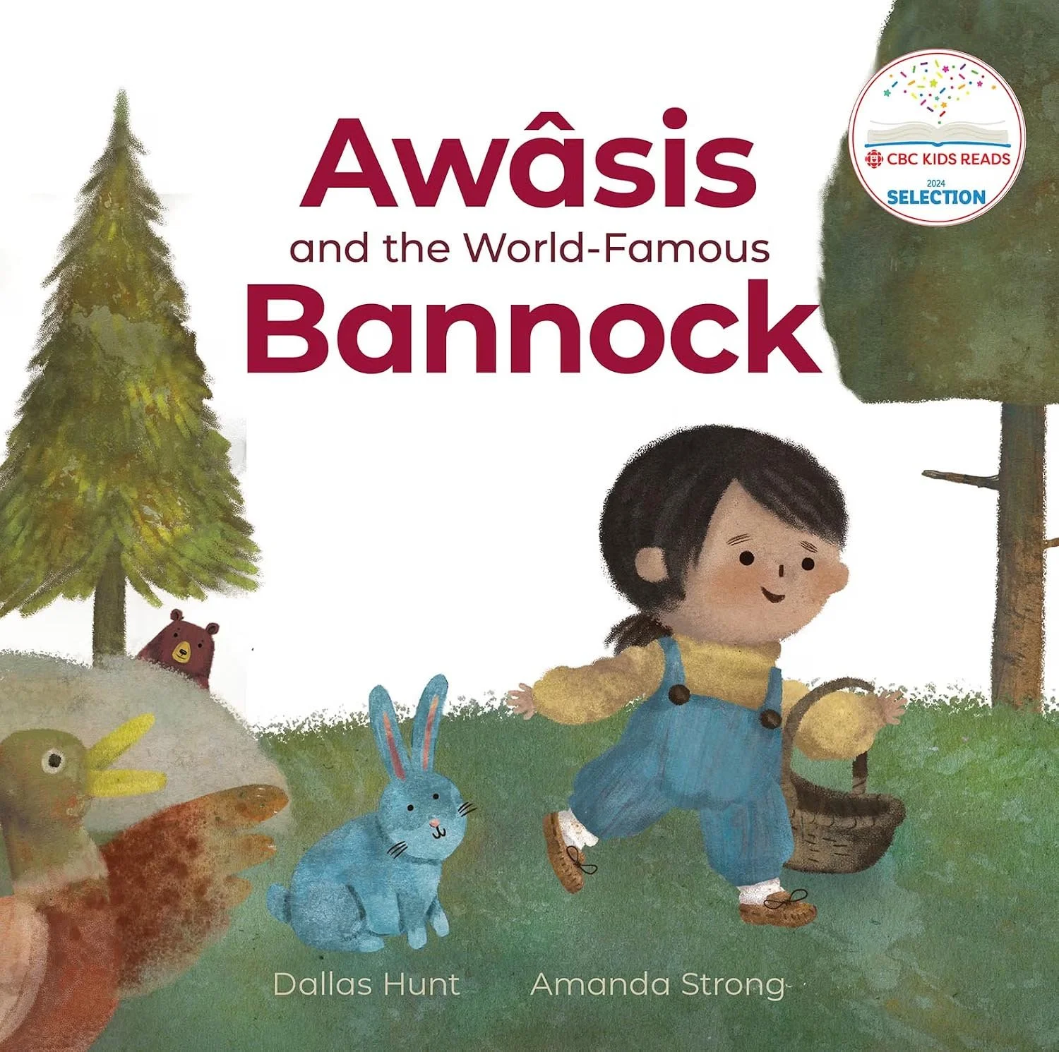 Illustration of a child running through a forest, surrounded by animals including a rabbit, duck, and bear, with trees and grass in the background, and the title 'Awâsis and the World-Famous Bannock' at the top.